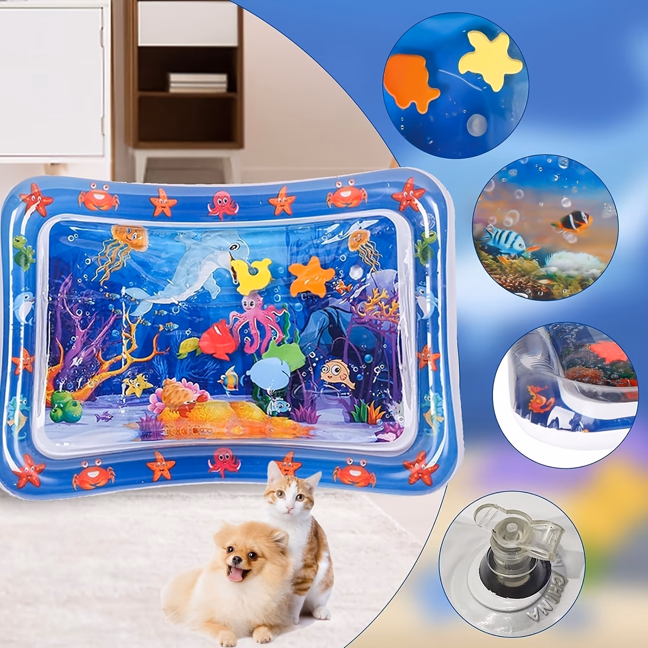 cat water mat with fish thickened sensory water play mat toy scratch resistant pvc water play mat summer cooling interactive for cats and kittens indoor pet water bed play mat without battery Product details 5