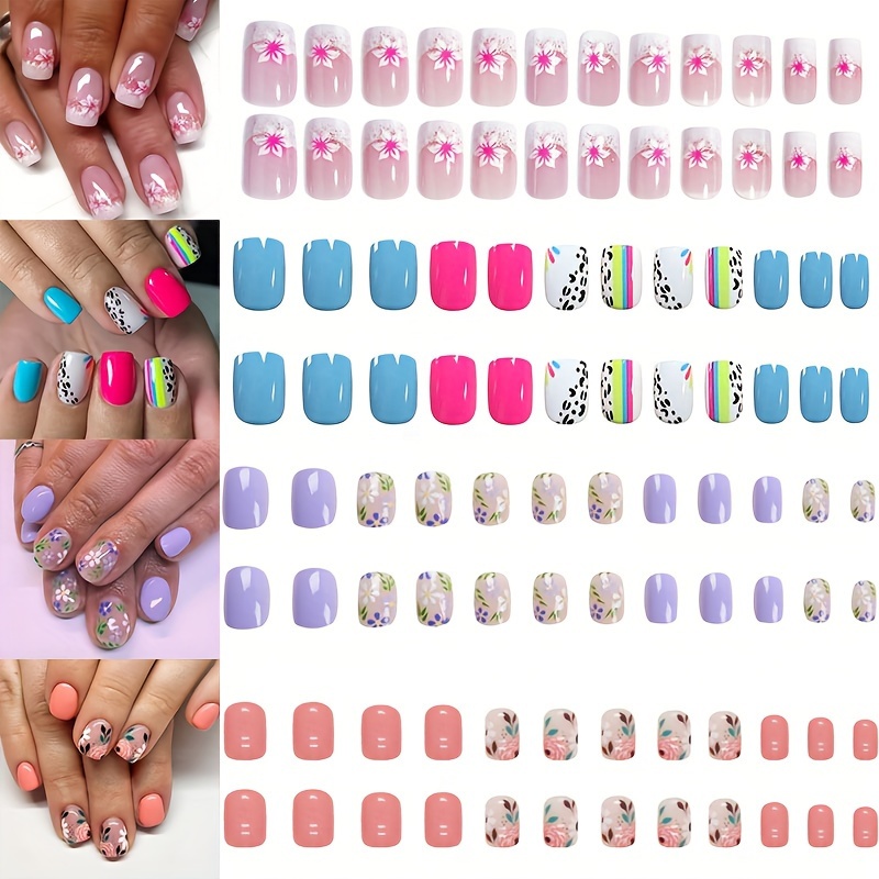 

4 Boxes Of 96pcs Press-on Nails, Short Square Nails, Multi-color Cute, Gorgeous Flowers, Gradient Full Coverage Nails, Suitable For Women And Girls In All Seasons, Comes With Jelly Glue Nail File