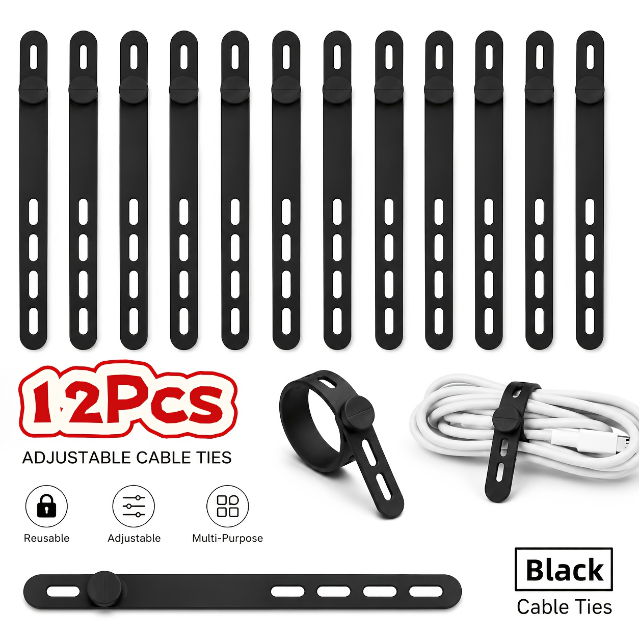 TEMU 12pcs Cable Ties, Reusable Elastic Straps, Locking Cable Management Ties, Wire And Data Cable Holders, Free Cable Organizer For Charging Cables,