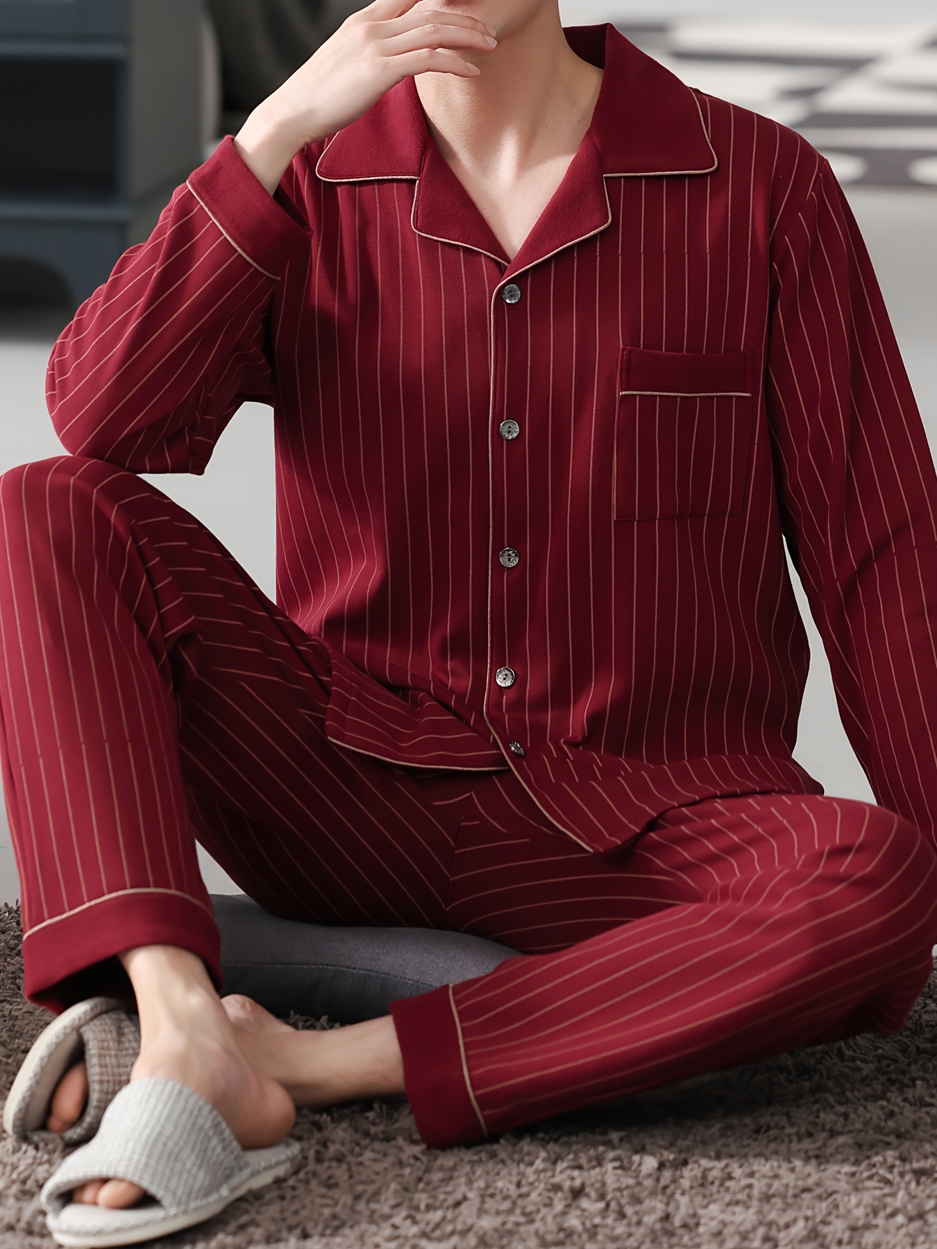 100% Cotton Men'S Pajama Set - Casual Lapel Collar Long Sleeve Sleepwear with Pockets, Striped Slight Stretch Knit Fabric, Loose Fit Lounge Sets for Spring/Fall