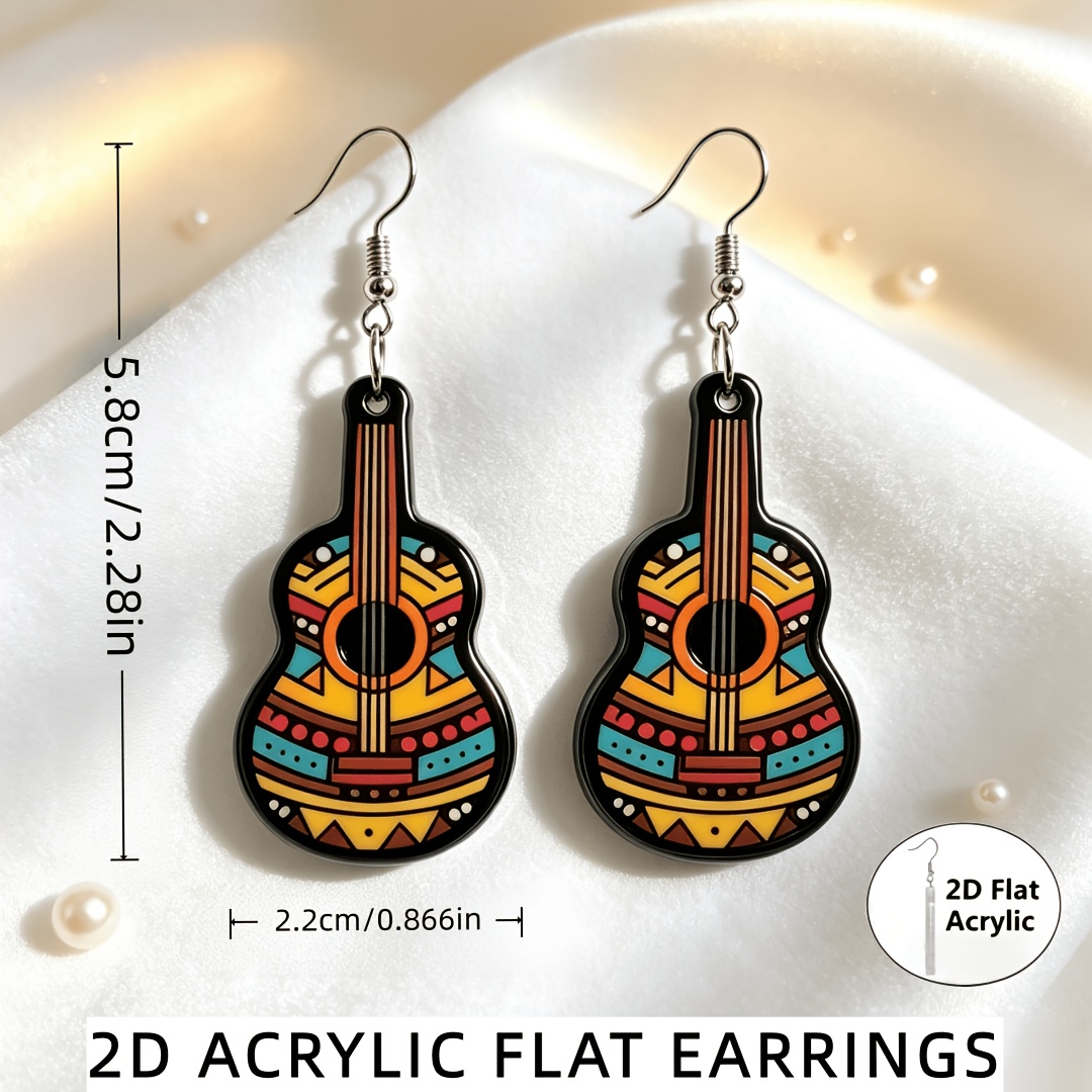 Women's Boho Guitar-Shaped Dangle Earrings with Tribal Patterns