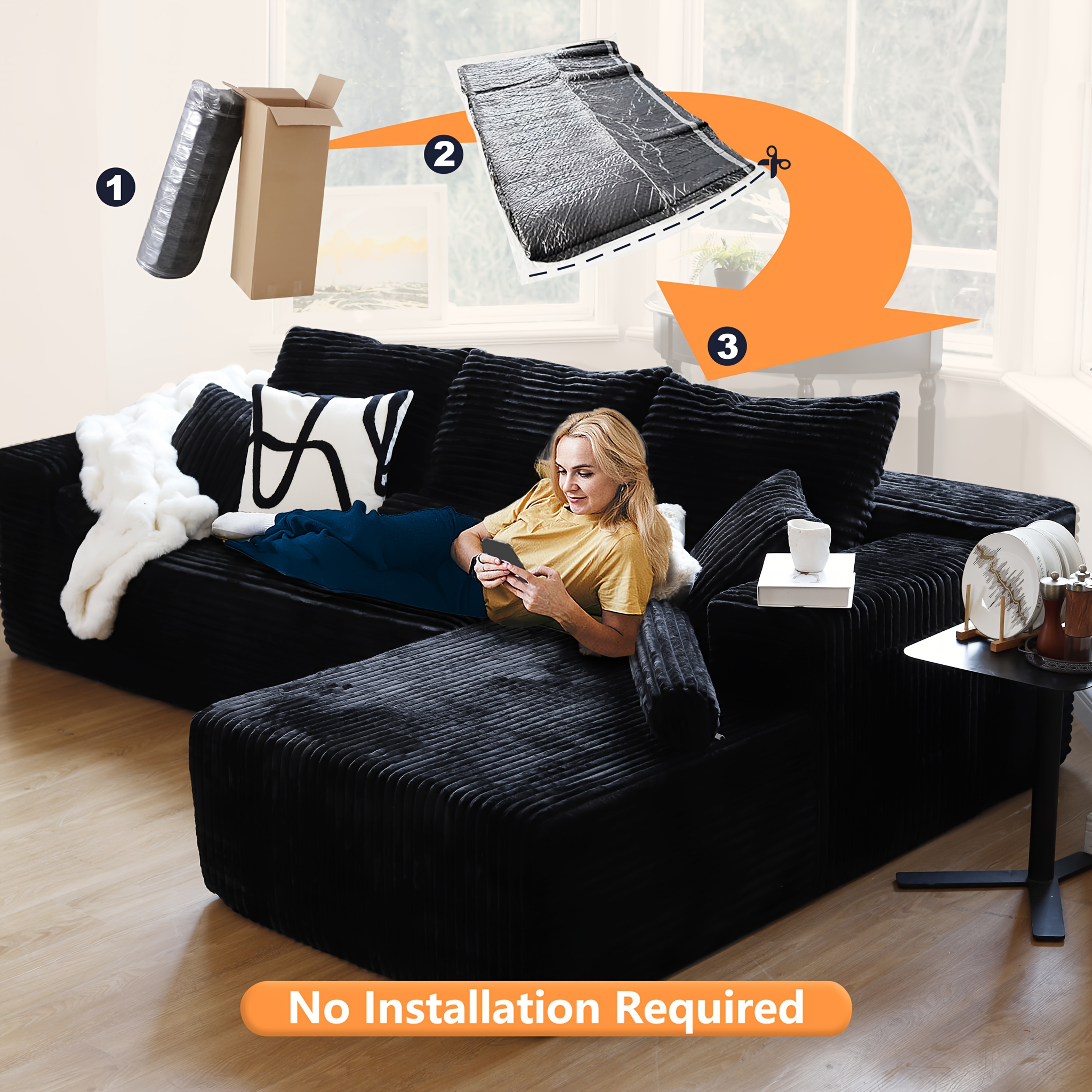 106'' Modular L-Shape Sectional Couch, Chaise Lounge, Deep Seat, Modern Minimalist Upholstered Couches with Chaise, No Assembly Required, Corduroy Fabric