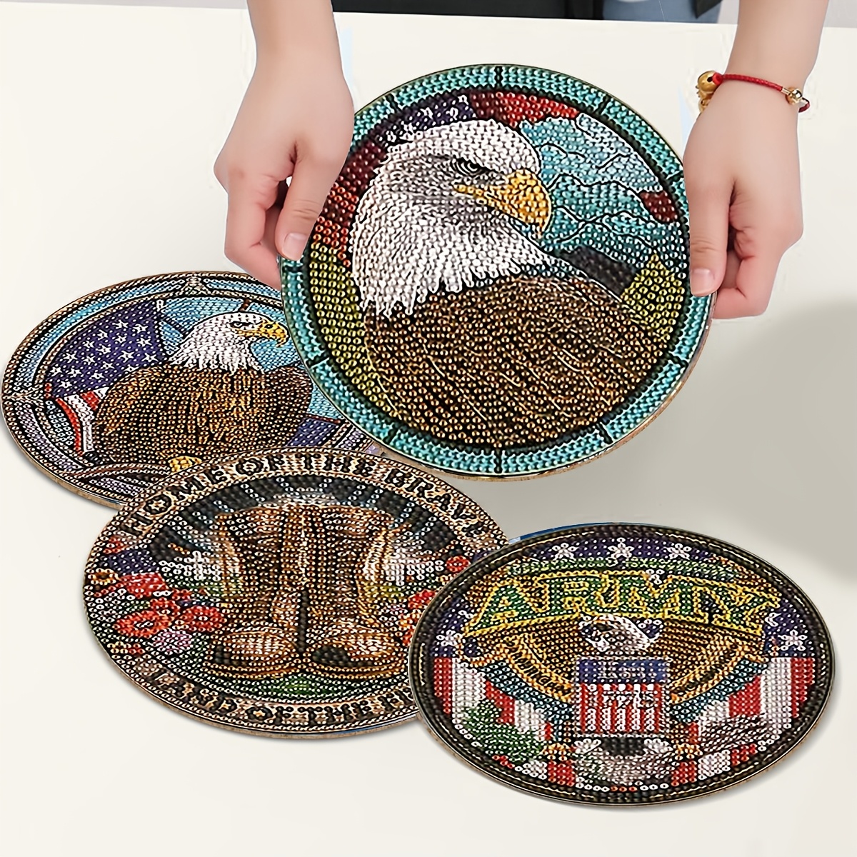 TEMU 4pcs Diy Placemat & Table - Round Wood Suitable For Home Decor, Non-slip Heat Insulation, Diy Mosaic Craft With Colorful Diamond Eagle Series,