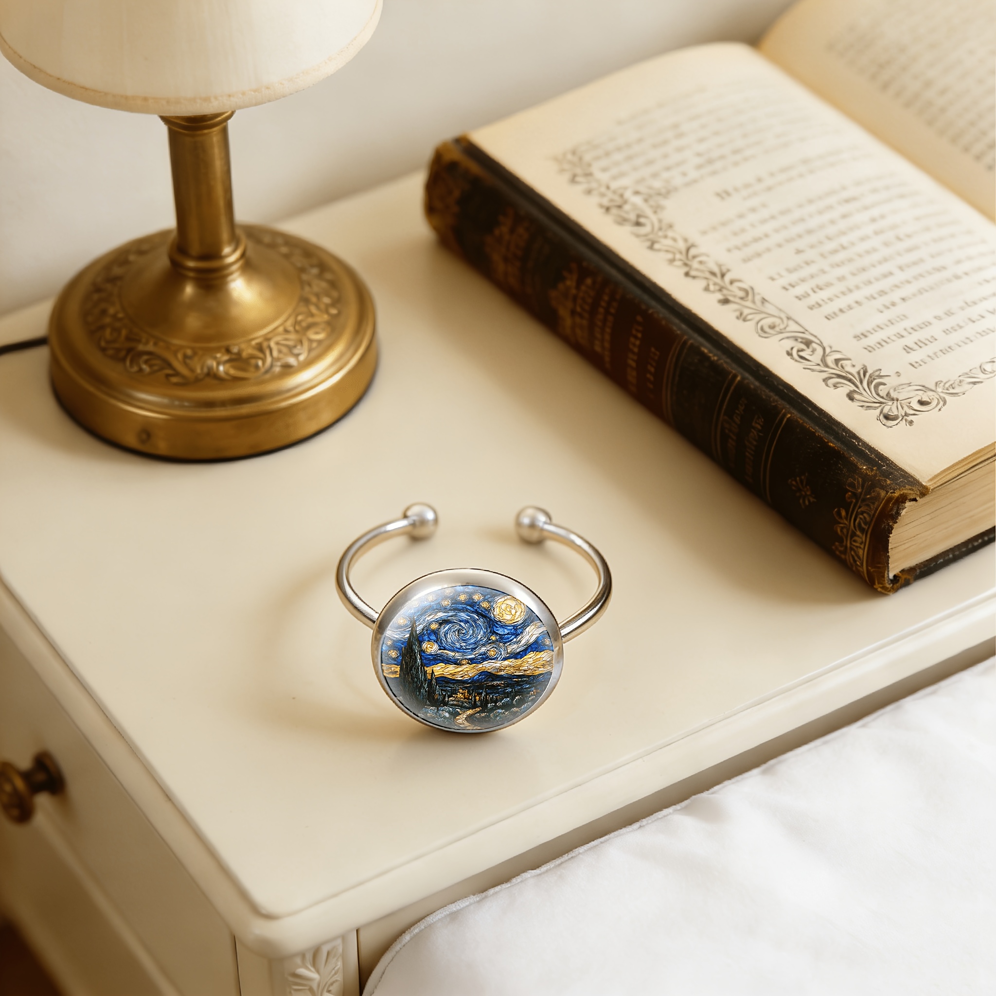 Stained Glass Inlaid Open-ring with Starry Night Design