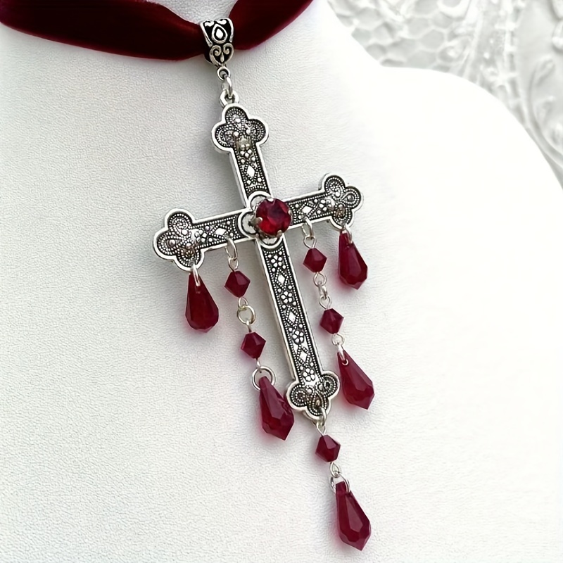 

Gothic Vampire Silvery Cross Pendant Necklace, Vintage Bohemian Style Synthetic Gems Decor Pendant Necklace