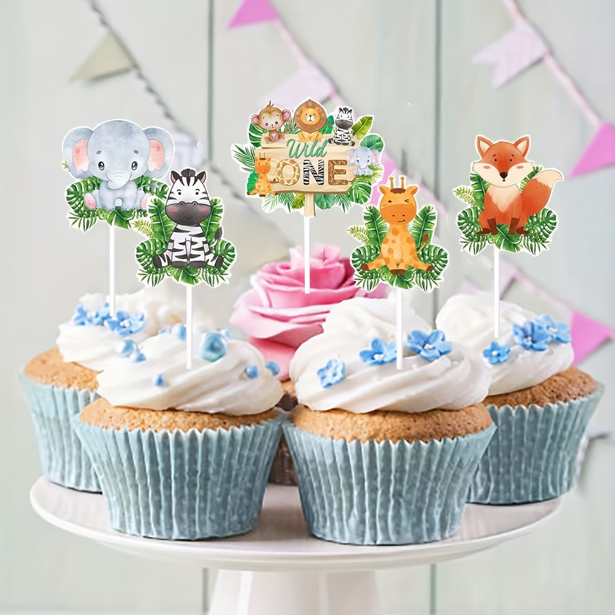 

24pcs Jungle Safari Animal Cupcake Toppers, Woodland Theme Cake Picks For Baby Shower, Birthday Party, Wild 1 Decorations, Paper Cupcake Decor Supplies Without Electricity