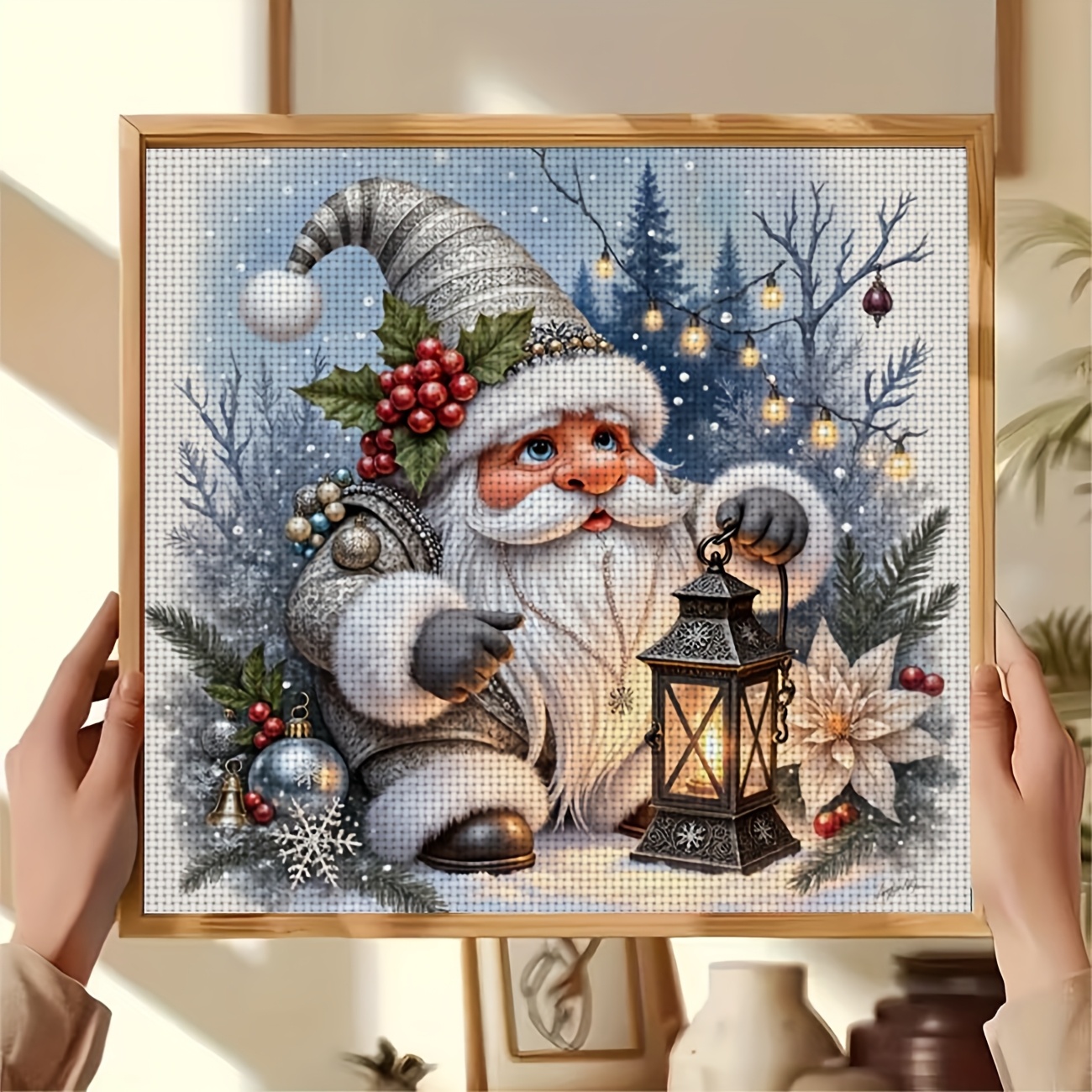 Printed DIY Cross-Stitch Kit, Christmas Elf Lantern Design