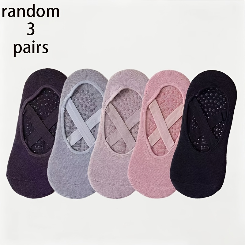 TEMU Random 3-pair Women's Full-bottom Silicone Anti-slip Cross-strap Yoga Socks, Breathable Pilates Dance Invisible Floor Socks, Spring/summer