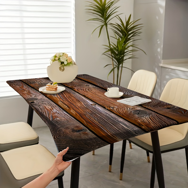 E-shop Elastische Kanten-Design Tischdecke mit Natürlicher Holzmaserung - Langlebige Polyester Rechteckige Tischoberfläche für Innen-/Außenbereich,
