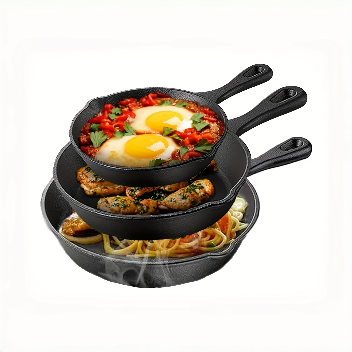 TEMU 3pcs/4pcs Ensemble de Batterie de Cuisine en Fonte Robuste avec Poêles de 10"/8"/6" - Poêles de Cuisine Professionnelles de Qualité Restaurant,