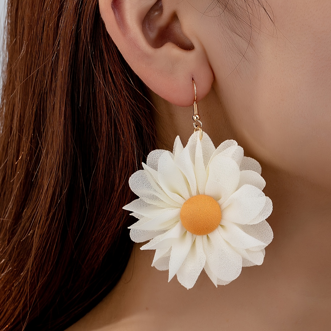 

1 Pair Cute Daisy Flower Drop Earrings, Polyester Fabric Sunflower Dangle Earrings, Stainless Steel Ear Needle, For Women, , Parties, Music Festivals