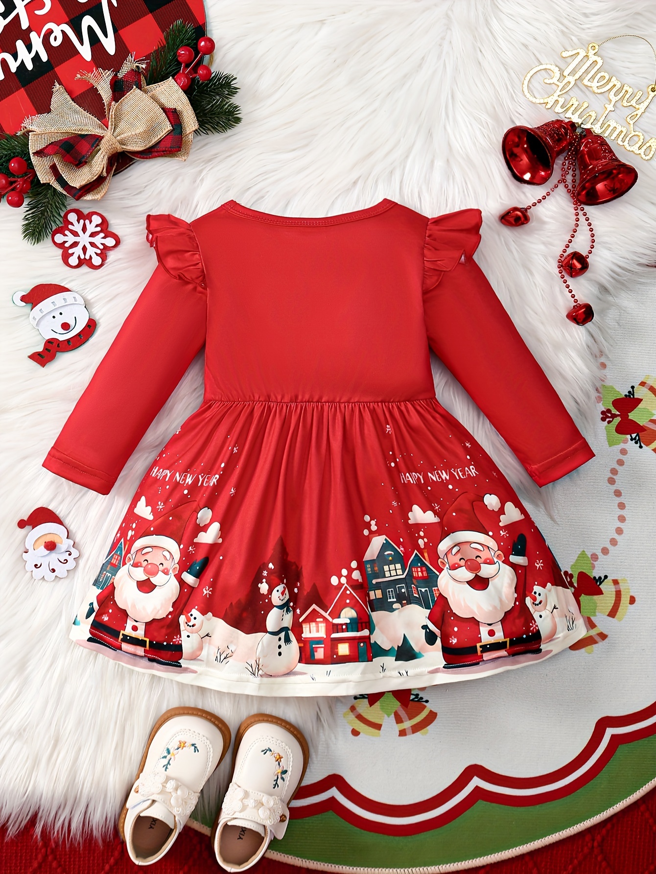 Festive Toddler Girl's Long Sleeve Ruffle Trim Dress with Santa and Snowman  Print Polyester Blend with Stretch, Casual Knit Fabric Playwear for
