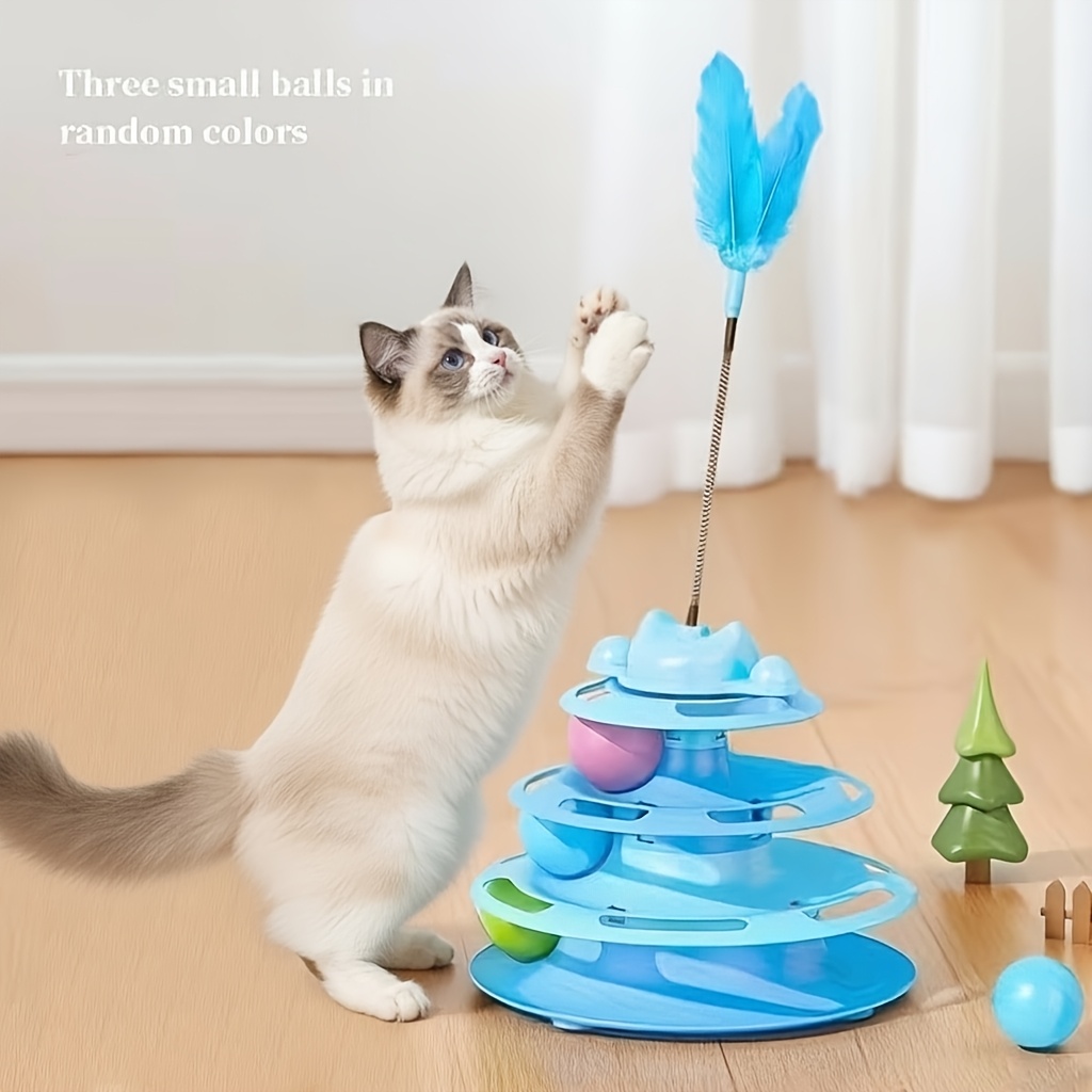 Image of 1 Set Cat Turntable Toy Self-entertainment Boredom Relief Turntable Ball Cat Toy Feather Small Kitten Pet Puzzle Tool, Cat Interactive Rotating Toy, Ball Color Random, Without Battery