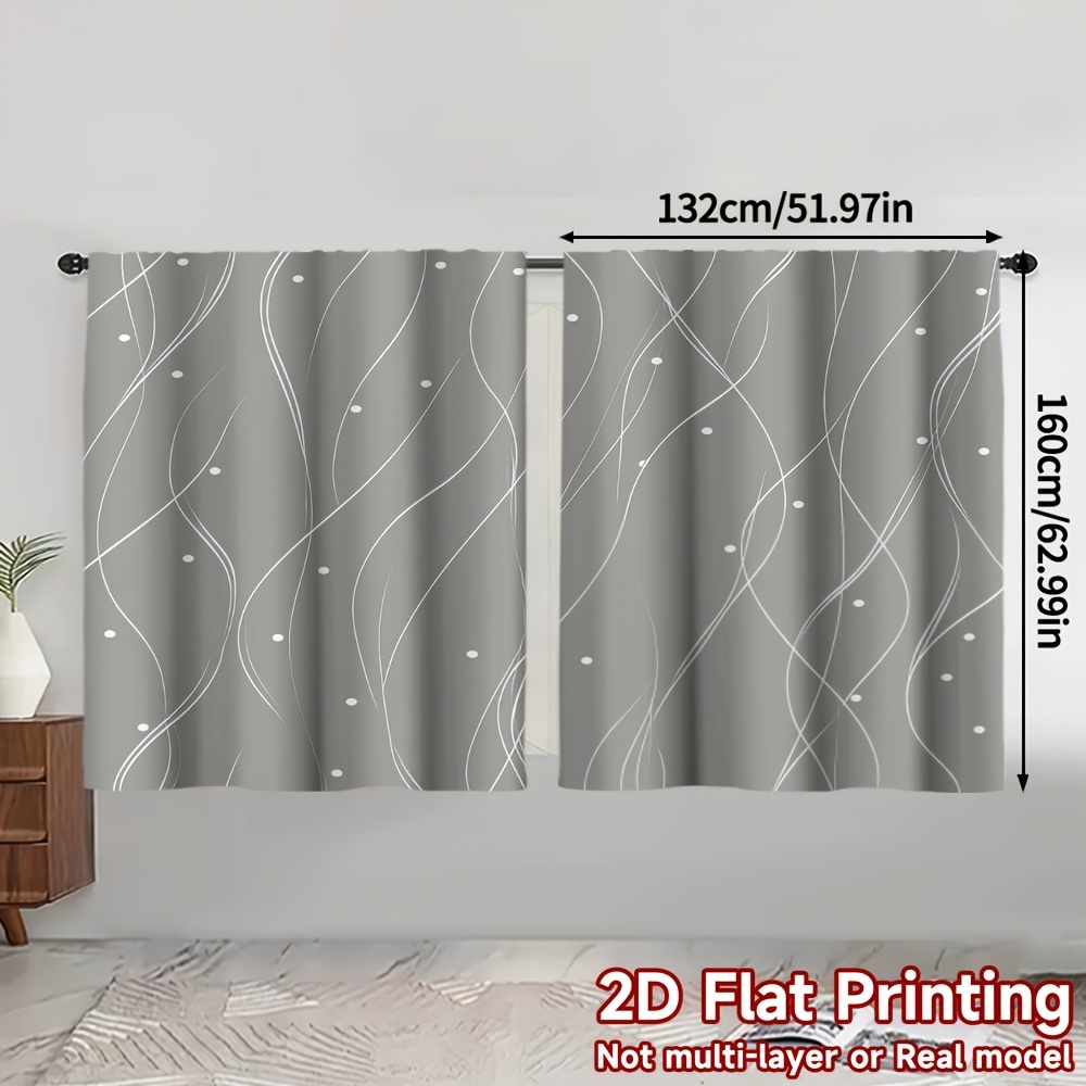 TEMU 2pcs, Modern Easy Curtains, Gray With White Swirl Lines, 100% Polyester, Suitable For Bedroom, Kitchen, Office, Study, Living Room, (rod Free)
