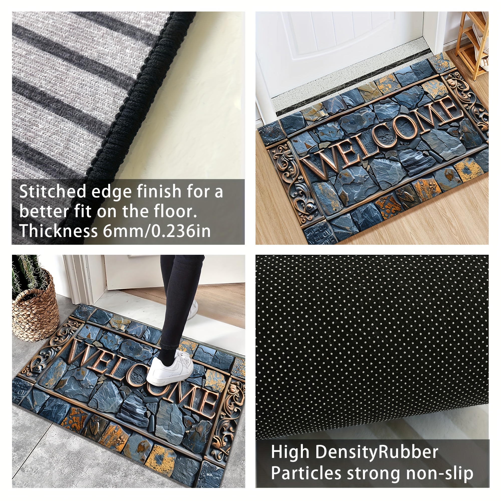 cobblestone welcome mat 3d   pattern non slip waterproof machine washable polyester mat for home decor   entryway living room bathroom and outdoor use details 4