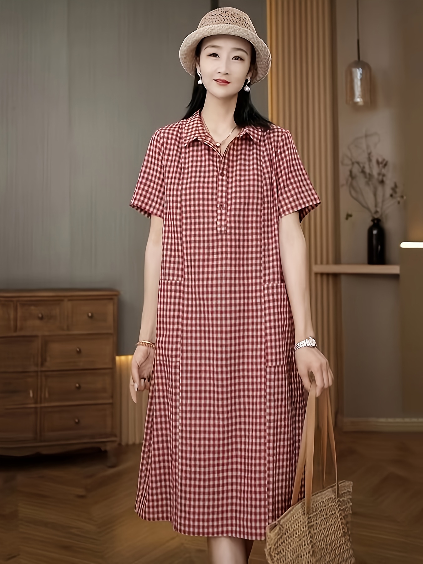 fitted lace wedding dress Red 1950s Pockets Plaid Dress main image 1