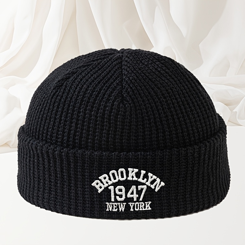 TEMU Bonnet d'hiver pour hommes, bonnet melon, broderie de lettres, bonnet tricoté, protection chaude pour les oreilles en ski en extérieur, bonnet