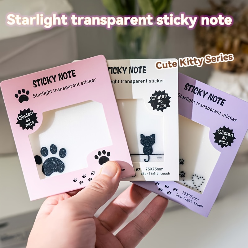 

50 Pcs Glittery Transparent Sticky Note - Cute Kitty Series: Starlight Touch, Perfect For Books, School, And Office