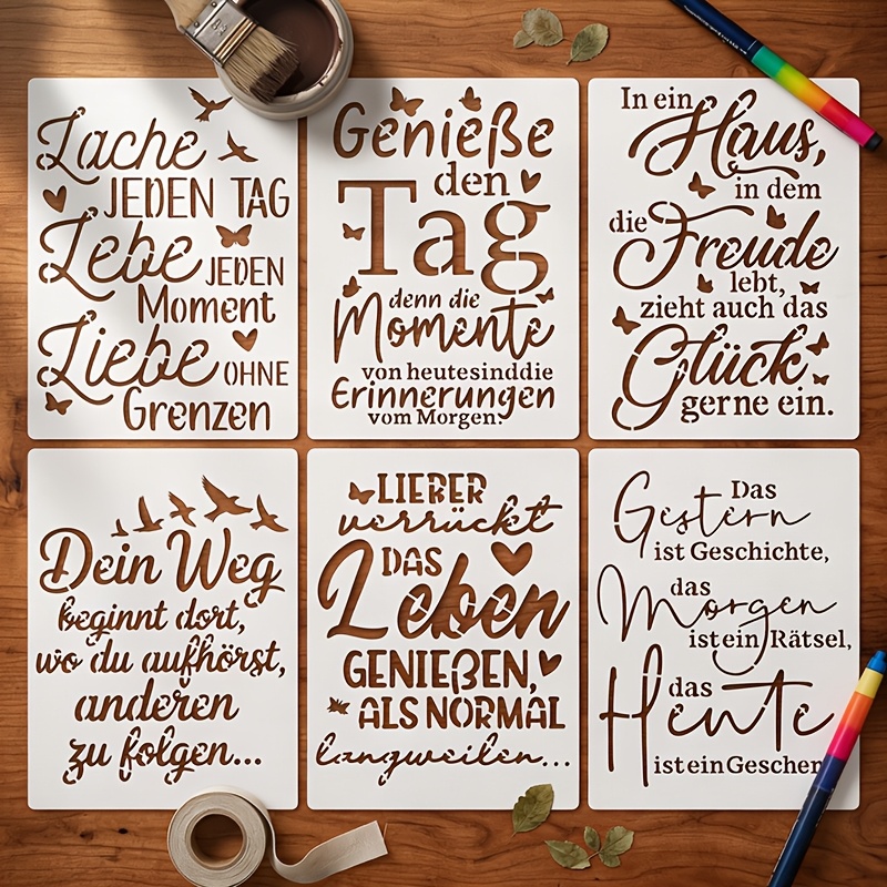 Image of 6 Everyday-themed Stencils, 7.9 X 5.9 Inch Reusable German-style Drawing Stencils, Including Inspirational Quotes Such As ", Live , No Bounds", Suitable For Walls, Home Decor, Diaries, Canvas, Fabrics