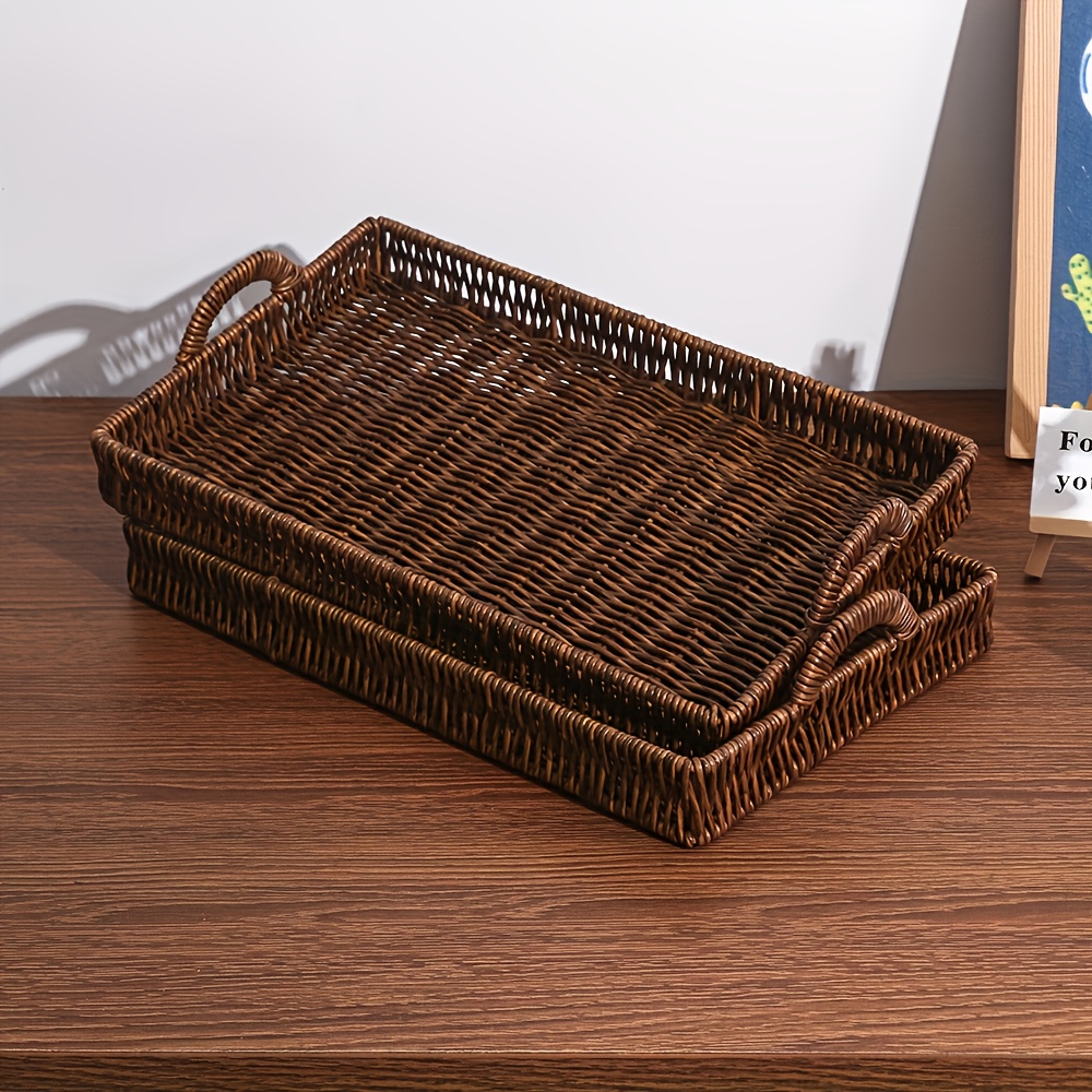 2-piece Brown Rectangular Storage Basket Set, Kitchen-specific Organizer Baskets For Home Use Storing Or Afternoon