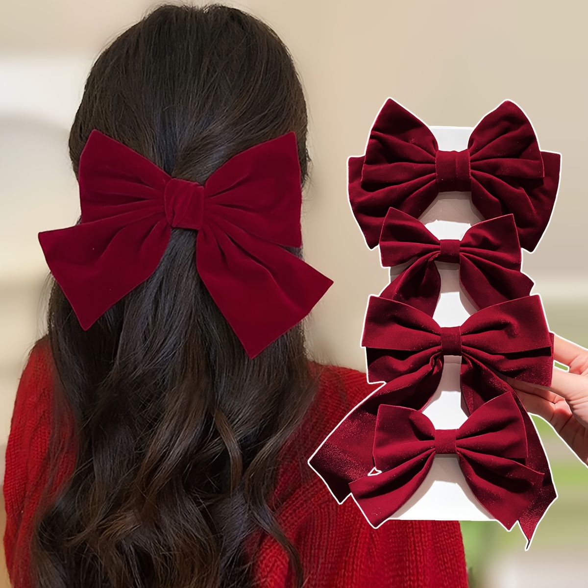 

Sophisticated, 4pcs Red Bow Set For Women - Ponytail , , &