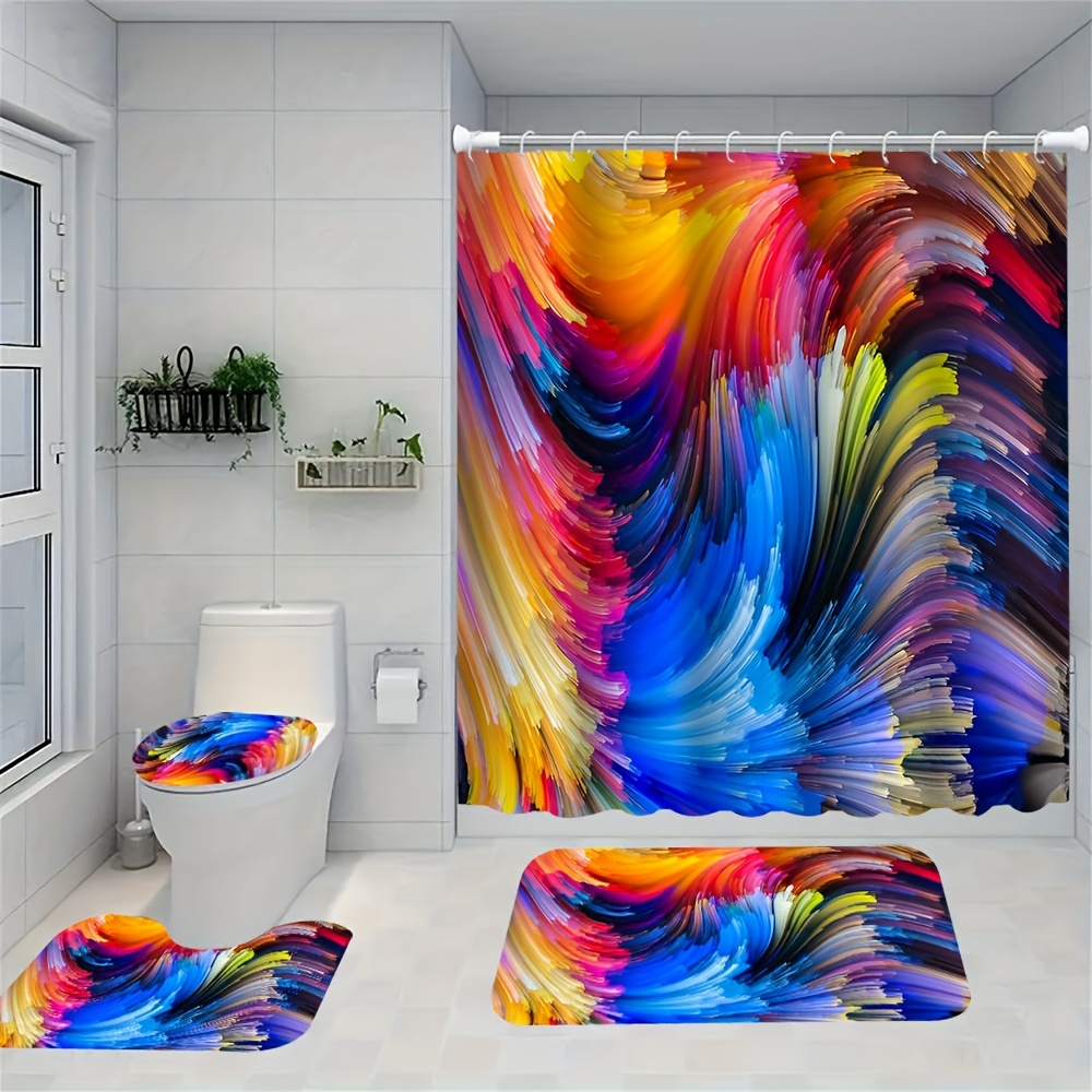 

harmonious Hues" Chic Artistic Shower Curtain Set With Rugs - Colorful, Waterproof Polyester, Includes 12 Hooks & Toilet Lid Cover, Easy Install - Perfect For Modern Bathroom Decor