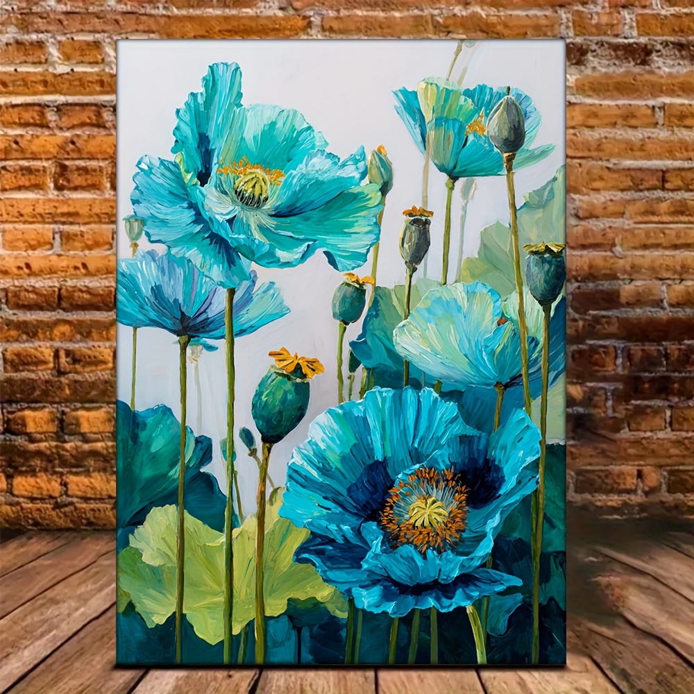 TEMU 2d Flat, 1pc Large 30.48x40.64cm Wall Art - Turquoise Blue & Teal Poppy-like Flowers Foliage - Hd Oil Painting Replica On Wrapped Canvas