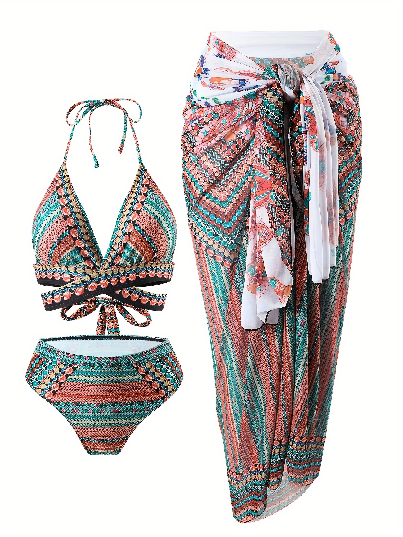 Ensemble Bikini Pièces pour Femmes avec Sarong, Tissu Tricoté Polyester  à Motif Géométrique, Haute Élasticité, Détail à Lacets, Coussinets