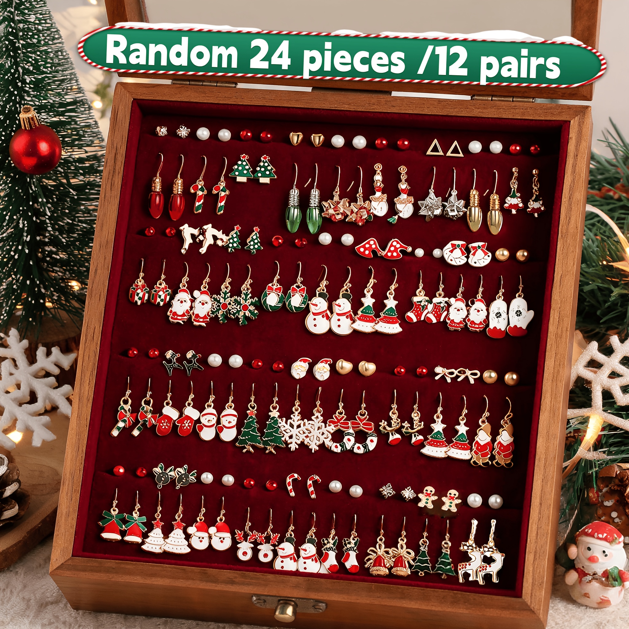TEMU Ensemble aléatoire de boucles d'oreilles de Noël mignonnes et amusantes, 12/24/36/48/72 pièces, motif de dessin animé de Père Noël, de de neige,
