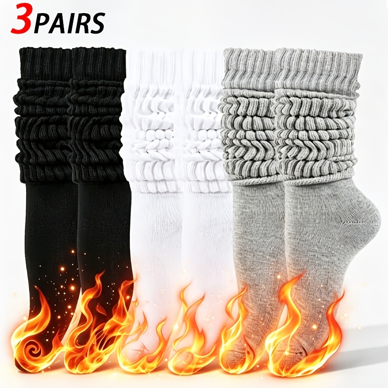 Image of 3-pair Women's & Suitable For Men's Thermal Boot Socks - Adjustable Length Slouchy Calf/crew Socks, Solid Color Warm Winter Socks For Athletic, Casual Wear, - Unisex For -gender Use (hand Washable)