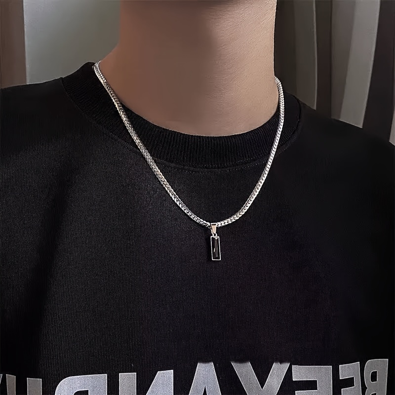 TEMU 316l Stainless Steel Black Rectangular Synthetic Cubic Zirconiaia Pendant Necklace, Unisex, Vintage Curved Edge Chain Silvery Collar, Waterproof