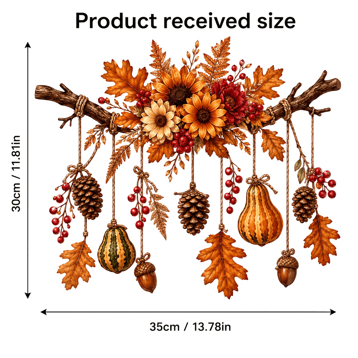 TEMU 2d Flat - 2d Flat Vintage Autumn Branch Harvest Static Glass Decal With Sunflowers, , Pumpkins And Pine Cones, Reusable Residue-free Sticker For