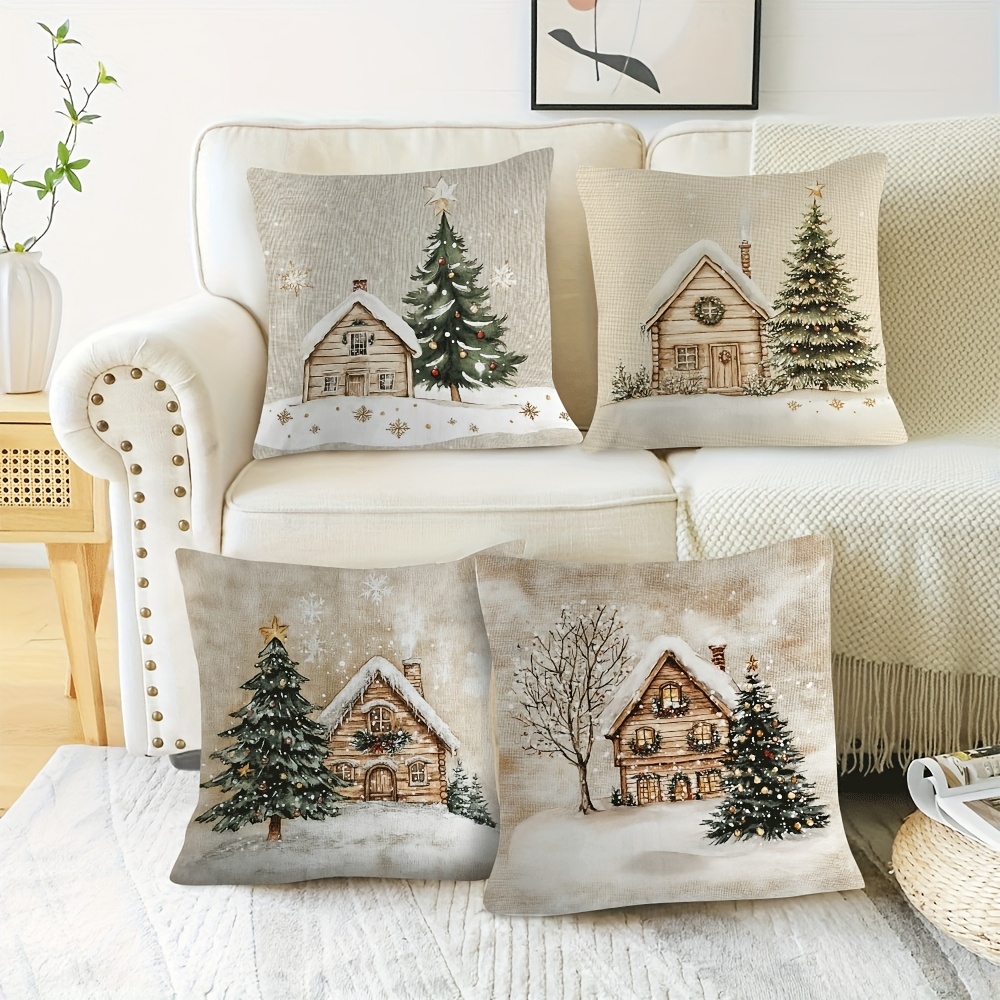 

4pcs Watercolor Christmas Wooden House Short Plush Pillow Cover Living Room, Bedroom, And Office Decor With Tree And Pattern On Linen-textured Background 18×18inch/45×45cm