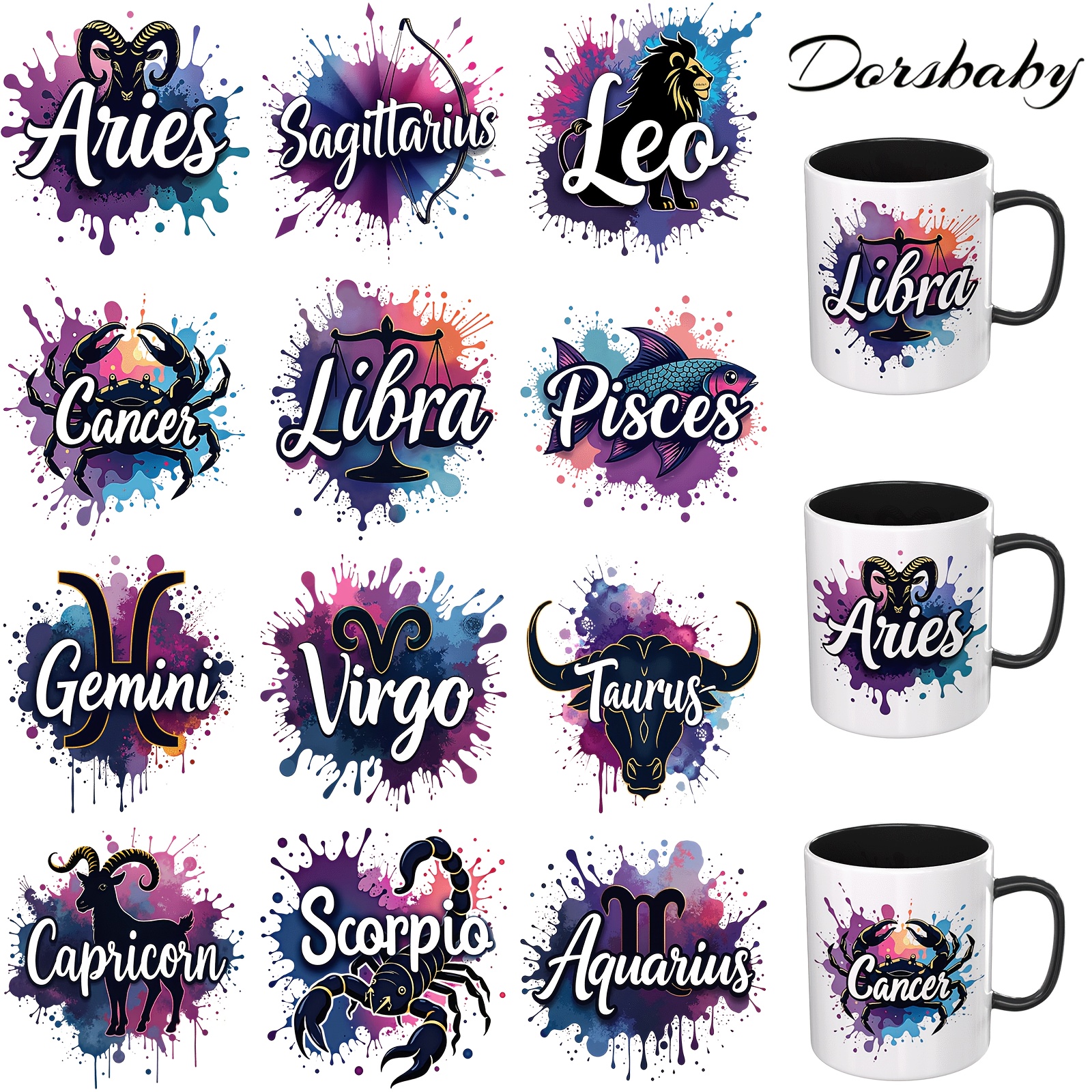 TEMU 2d Flat Sticker, Mug Uv Dtf Cup Wrap - 12pcs Zodiac Uv Dtf Transfer Paper, Suitable For Mugs, Glasses, Tables, Chairs, Computers, High- Uv Dtf