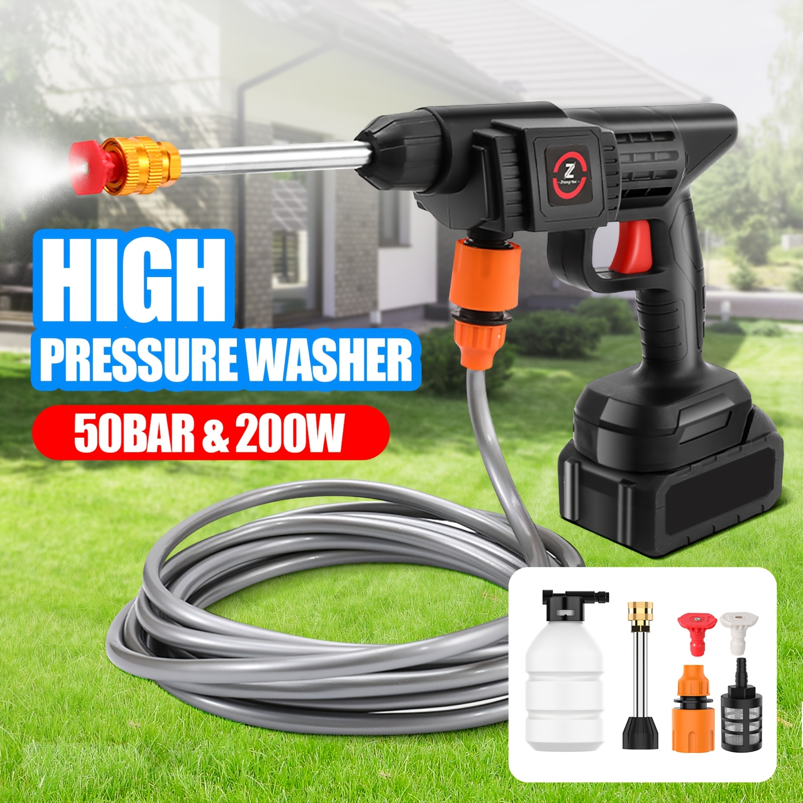 

200w Cordless High-pressure Washer With 50bar Lithium Battery - Versatile Water Spray For Car Wash, Floor Cleaning & Plant Watering