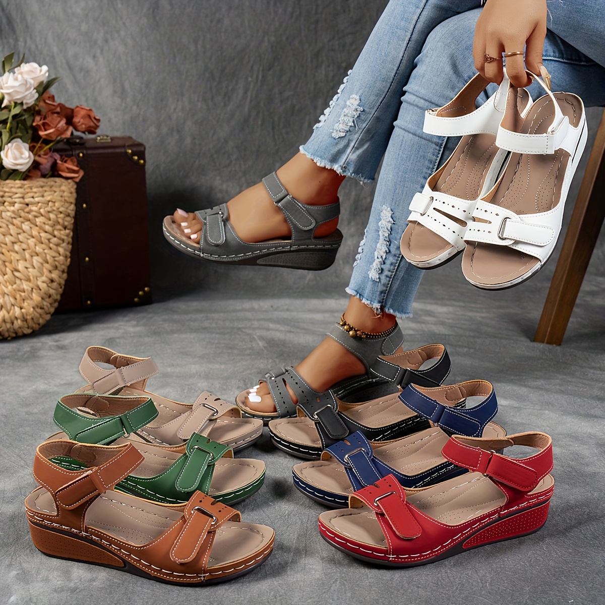 Womens Beige Wedge Sandals Casual Open Toe Comfortable Ankle