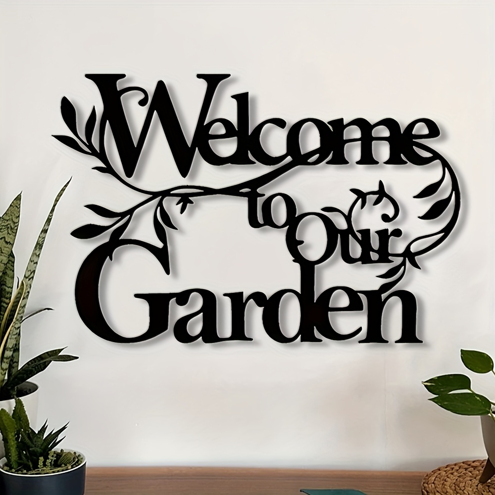 TEMU 2d Flat - 1pc 2d Rustic Metal "welcome To Our Garden" Sign, Decorative Wall Hanging With Elegant Cursive Font And Leaf Cane Embellishment,