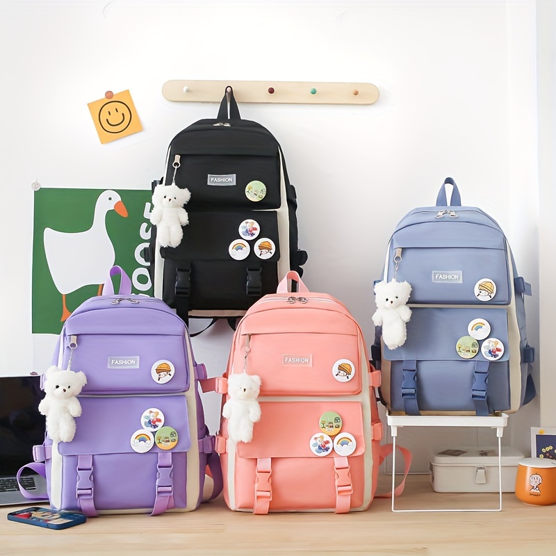 

1pc Student Backpack Four-piece Set Youth Campus Lightweight Canvas Backpack With Bear Pendant Without Badge