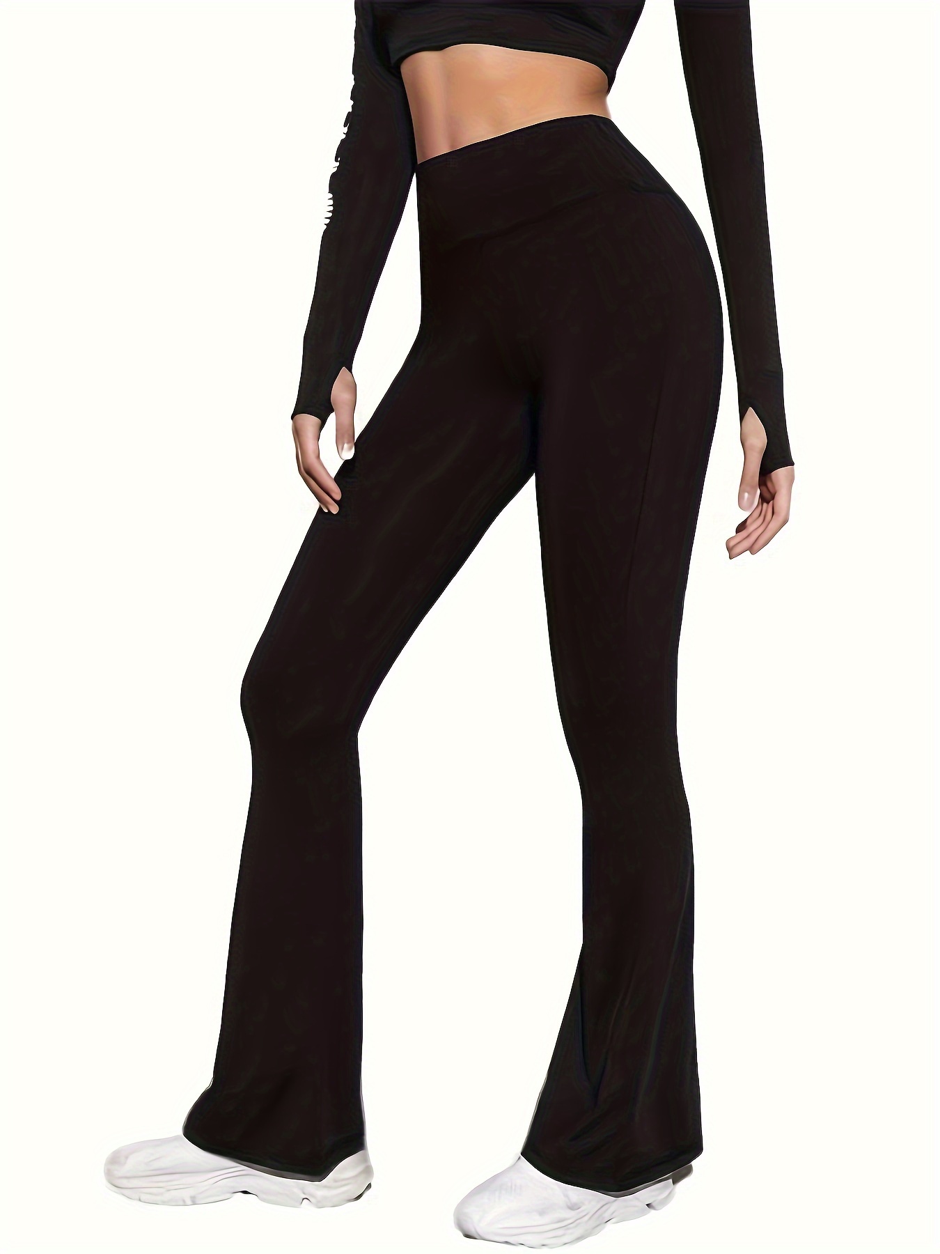 Lady Suit Pants Long Trousers Flare Bell Bottom Front Slit Black Stretchy  Formal
