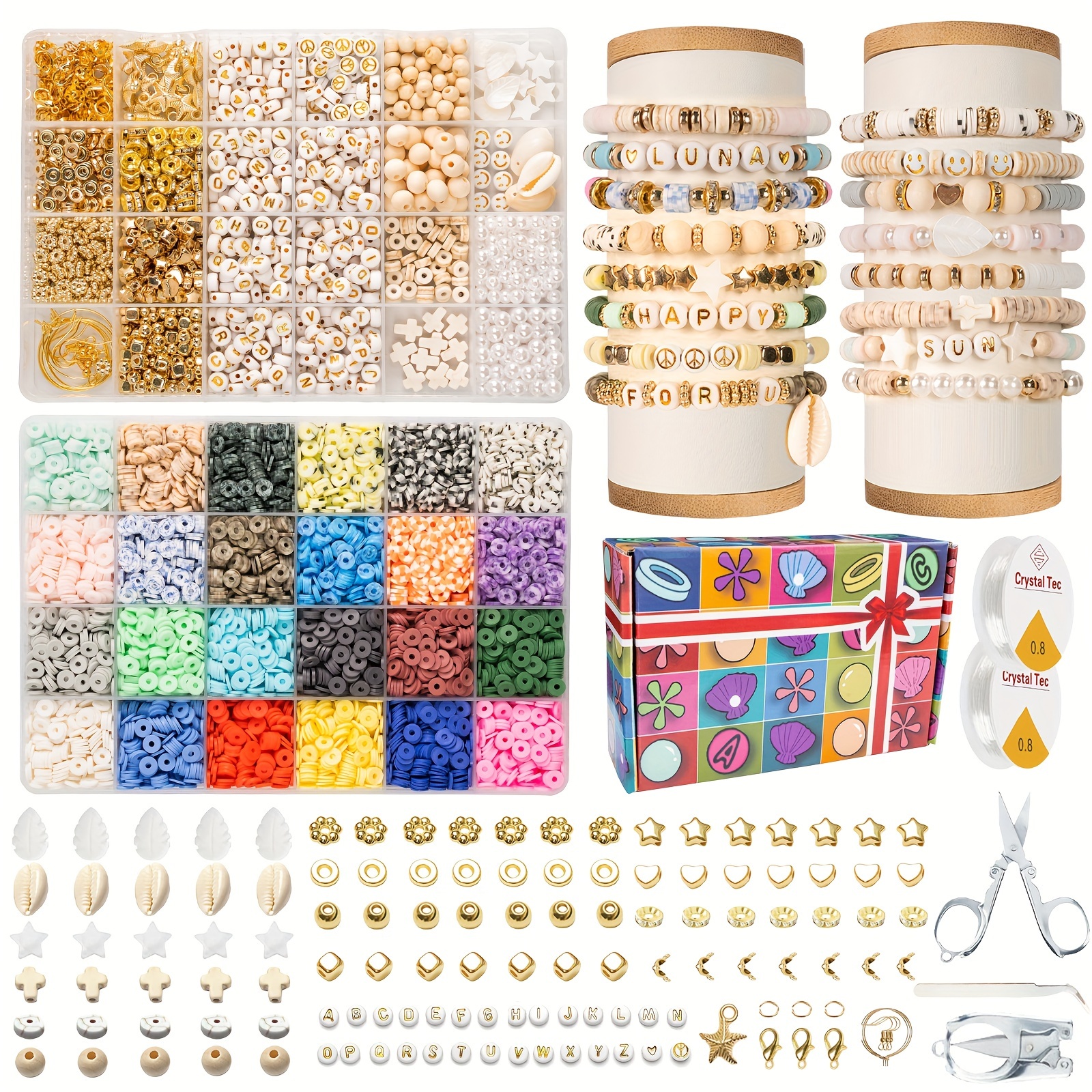 

9000pcs Making Kit - Plastic Beads With Heishi Discs, Charms, And Gift Pack For Designs