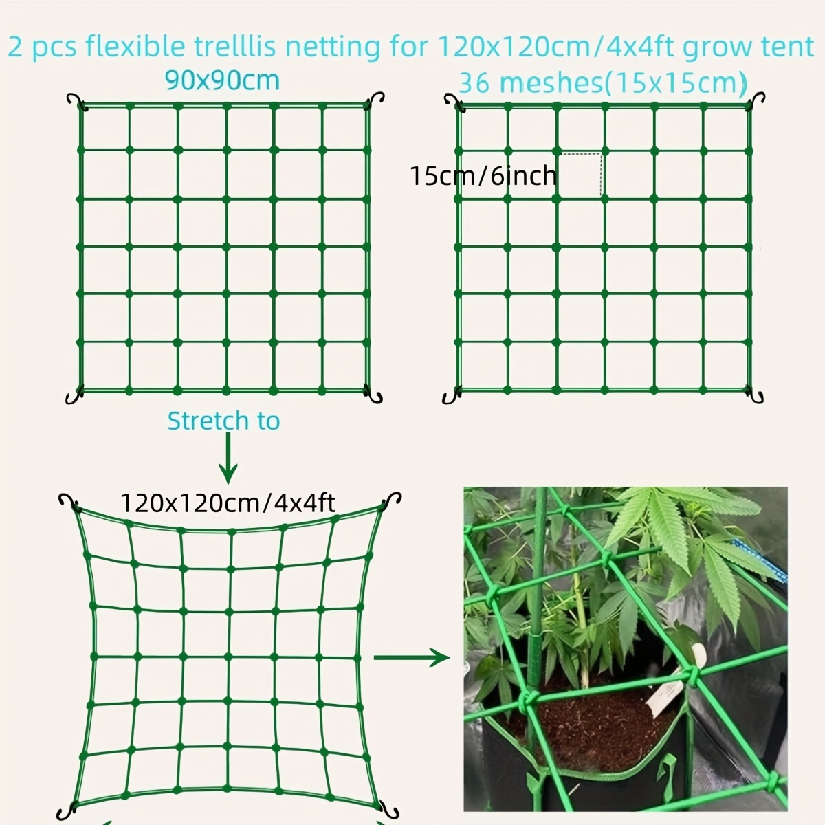 Image of Green Colour Elastic Flexible Trellis Netting, Plant Support Netting, Grow Tent Netting, Elastic Trellis Net With Hooks For Indoor Plant, Scorg Net, Trellis Netting For Grow Tent