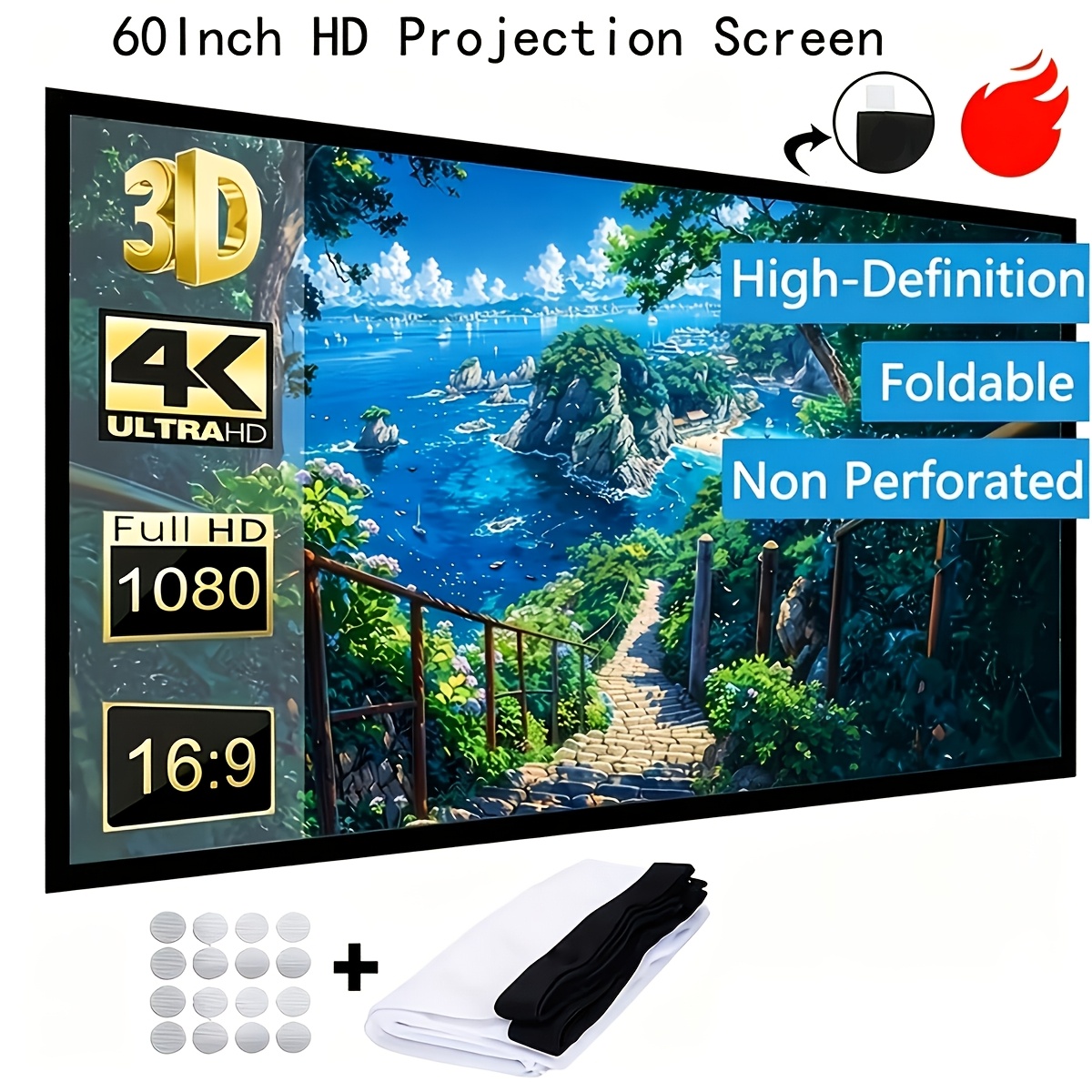 TEMU 60-inch Portable Foldable 4k Projector Screen, Lightweight Movie Screen For Indoor Outdoor Home Theater , Quick Setup And Easy Carry With