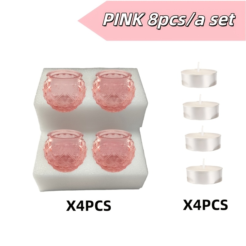 Image of 8pcs Candlestick And Candle Set, Including 4 Pink Round Diamond-style Candlesticks And 4 Candles, Suitable For Wedding Home Decoration, Tea Light Candlesticks, Birthday Parties, And As A Gift