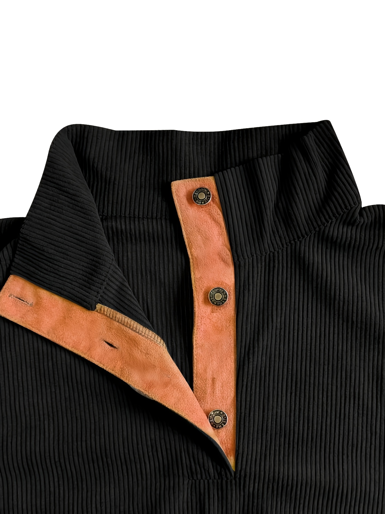 Sweat-shirt décontracté pour homme avec texture en velours côtelé, boutonné sur le devant, coupe régulière, manches longues, col montant, pull tricoté pour tenue décontractée.