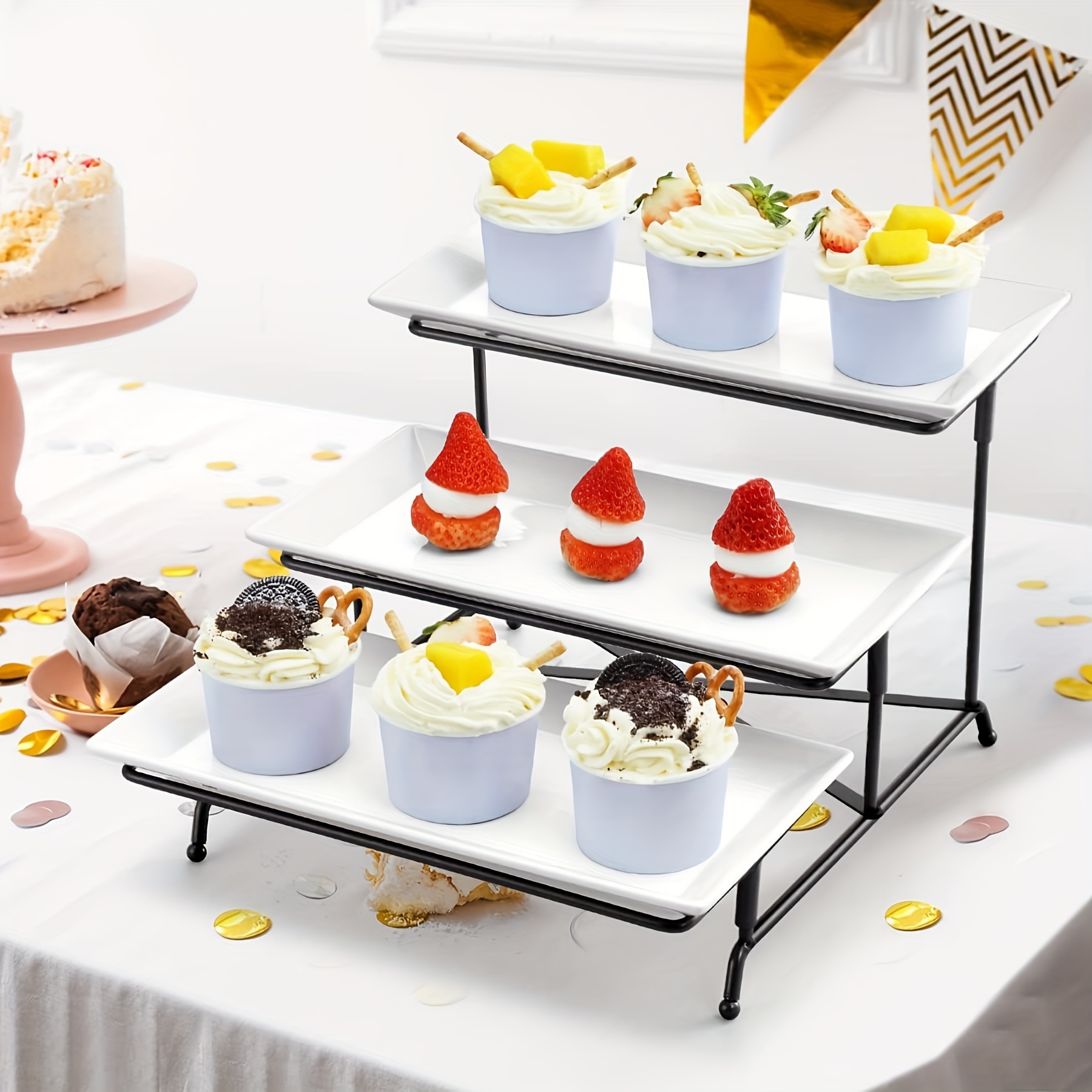 

1pc, Tier Dessert Stand, With Foldable Metal Display Rack And 3 Tiered Plastic Trays, Used As , Cupcake Stand Serving Tray, For Home Party Wedding, Party Supplies, Table Decors