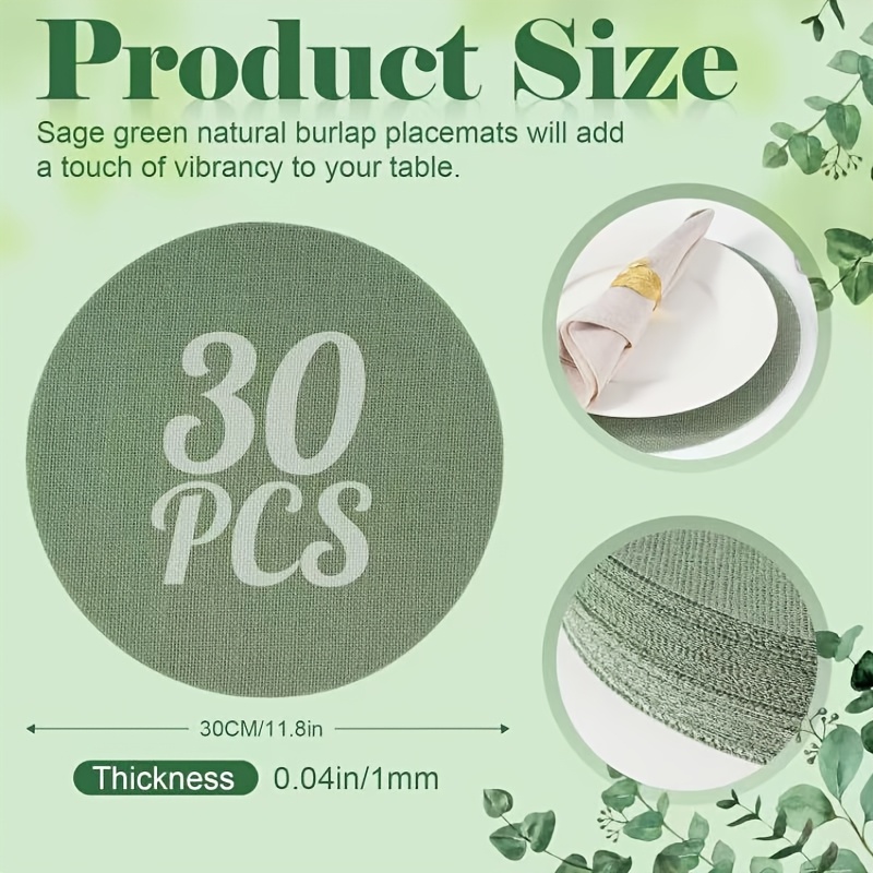 TEMU 11,8-Zoll Storchschnabel Grün Landhausstil Runde Leinen Platzset, Wiederverwendbarer 30er Pack für Hochzeit, Geburtstag, Tischdekoration