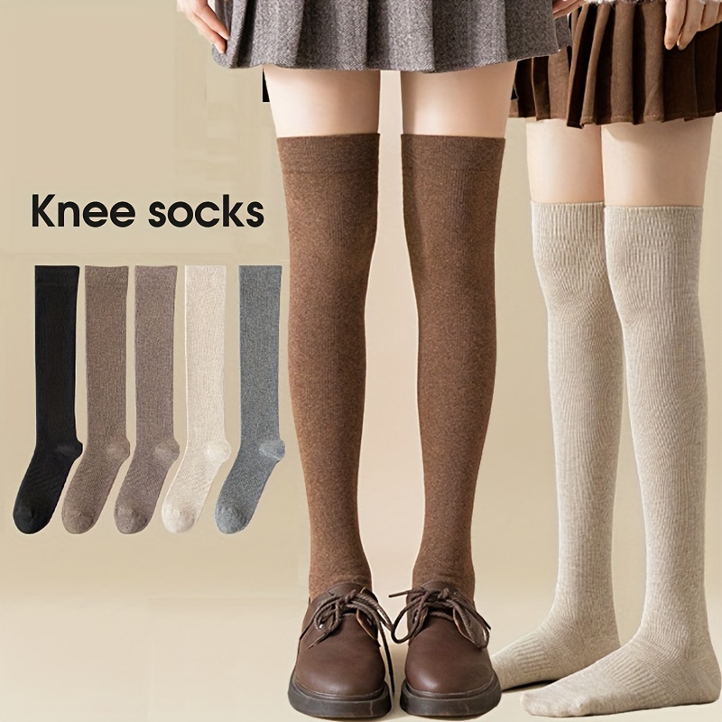 

5 Pairs Of Calf Socks For Women, Solid Color Long Tube Spring, Autumn And Winter Over-the-knee Socks, High Tube Ins Trendy Long Tube Over-the-knee Calf Socks, College Style Casual Calf Socks