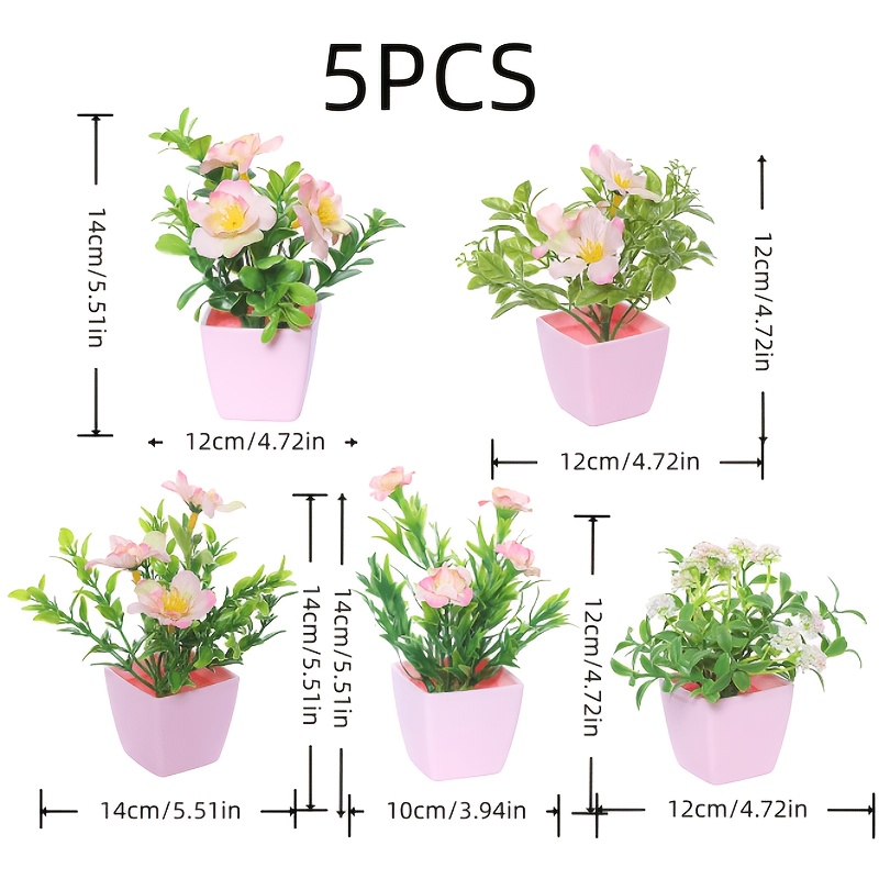 TEMU Ensemble de 5 pots de fleurs artificielles comprenant une mélange de camélias roses et de plantes , avec un design de pot rose, idéal pour