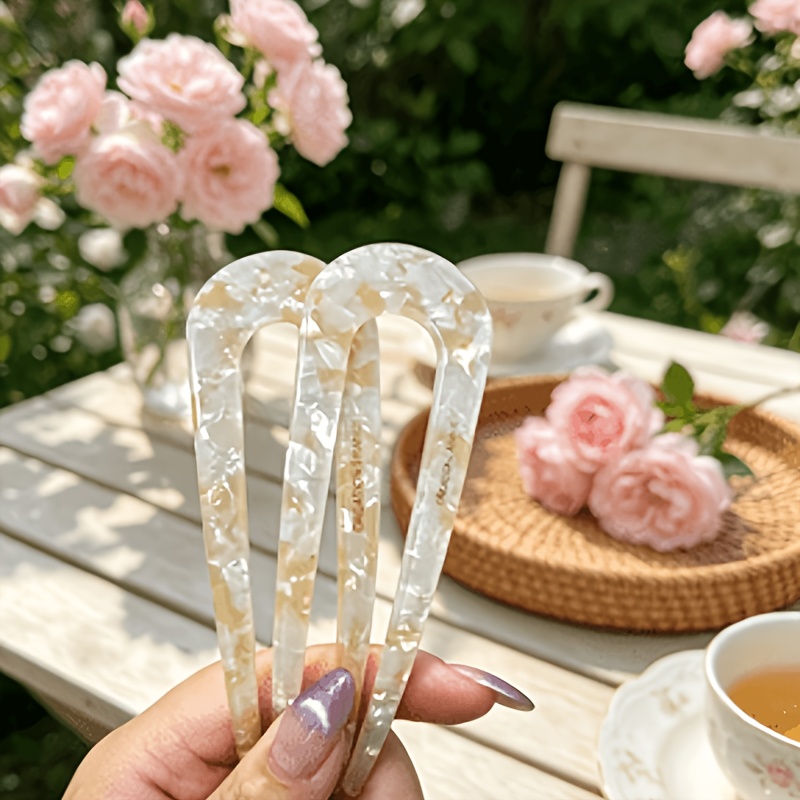 TEMU 2pcs New Chinese Style Crushed -of-pearl Acetate U-shaped Hairpin Gentle Shell Gilded Texture Easy U-shaped Hair Updo Fixing Bun Quality Acetate