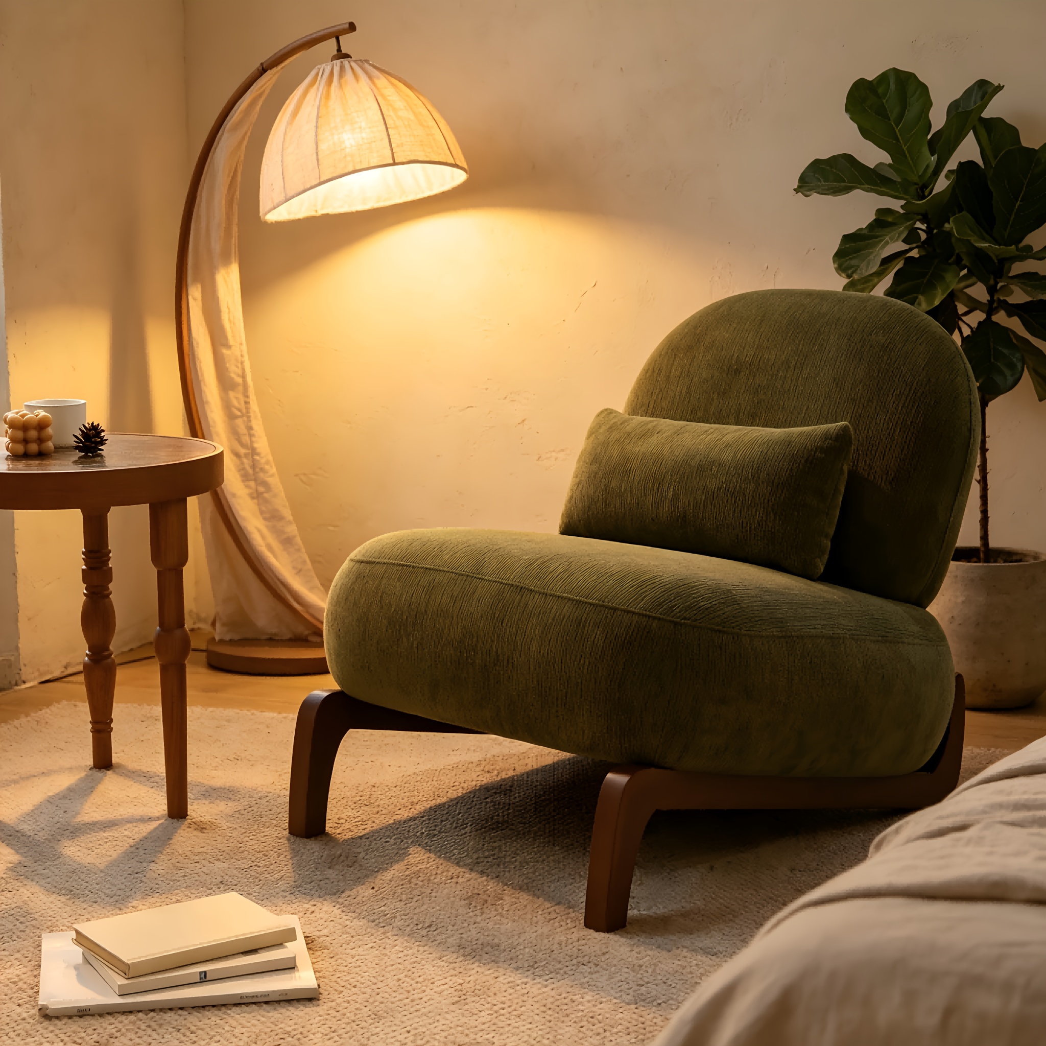 Image of Modern Accent Chair With Solid Wood Legs, Room Chair With Soft Cushion, Cozy Bedroom Chair, Comfy Armless Reading Chair For Apartment, , Balcony